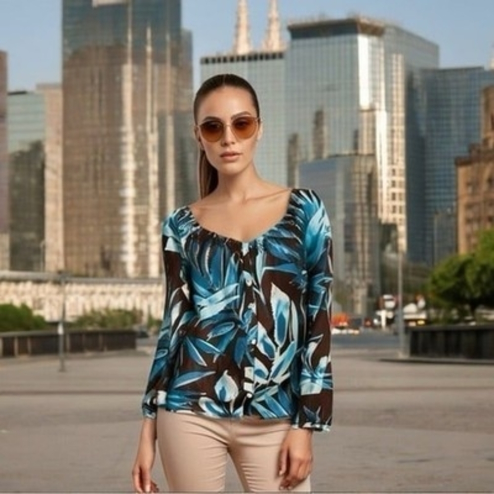 Tommy Bahama Silk Cotton Off Shoulder Blouse XXS Blue Brown Plants Top $138 NWT
